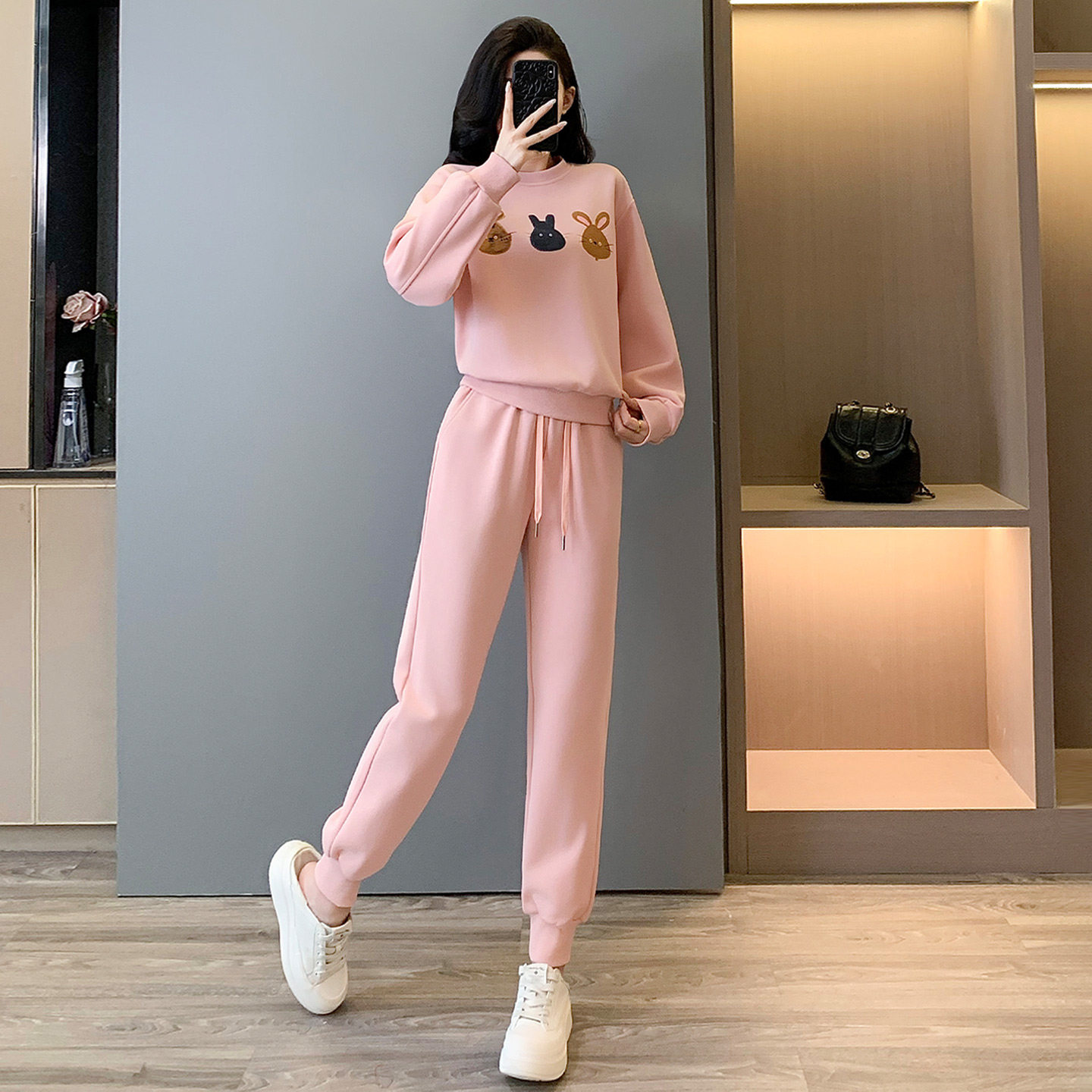 秋季粉色卫衣卫裤晨跑运动套装女