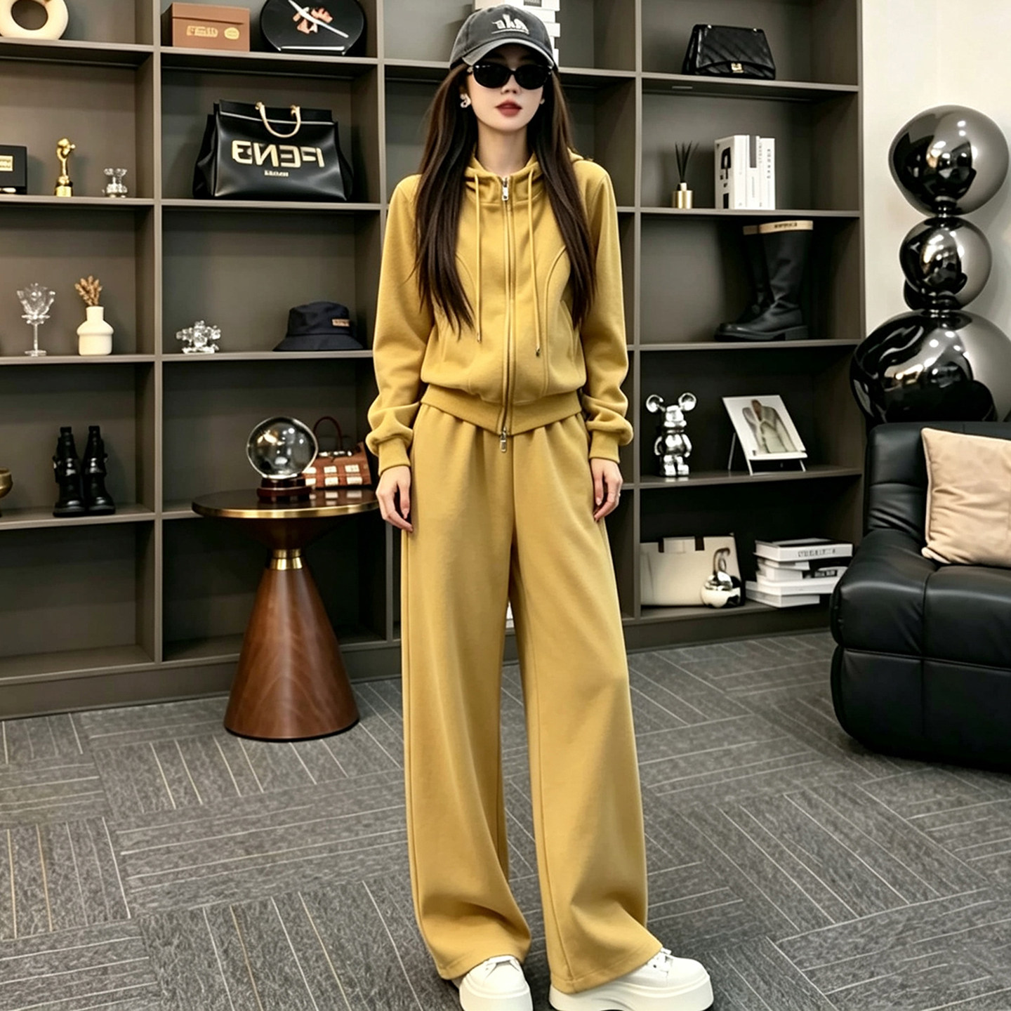 秋网红连帽拉链卫衣阔腿裤套装女