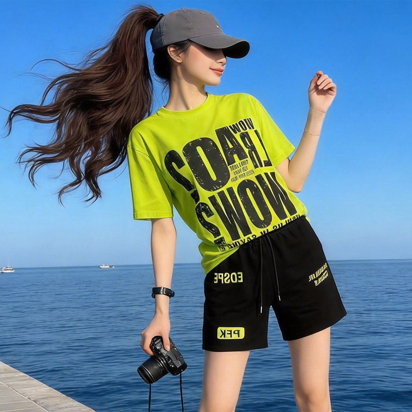 潮牌字母短袖广场舞运动套装女夏季小个子宽松曳步舞演出服两件套