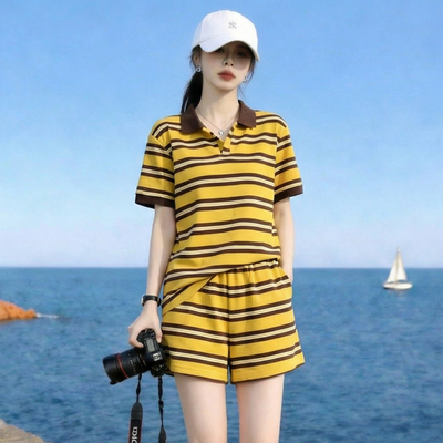 韩版条纹翻领短袖短裤运动套装女