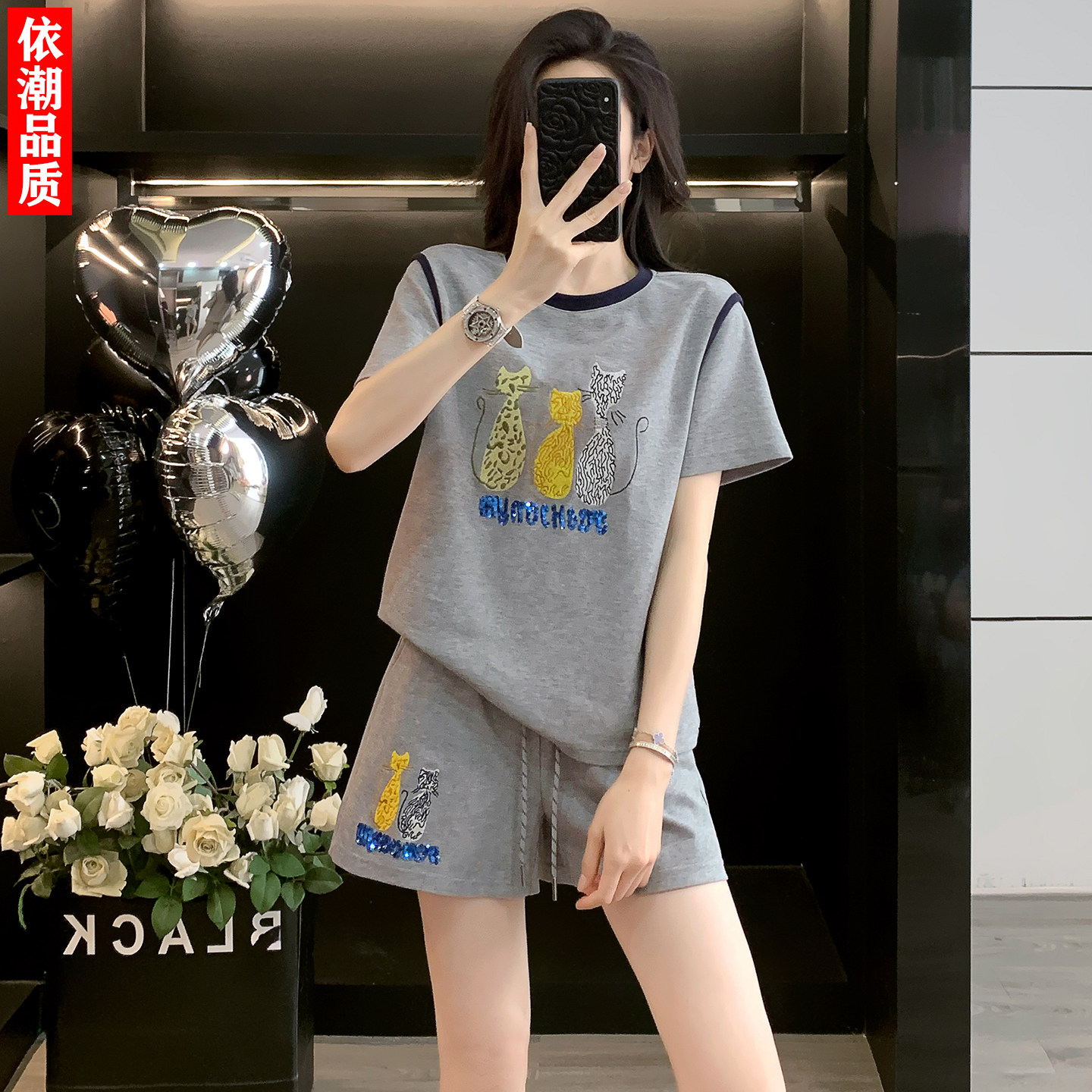 韩版刺绣可爱小猫短袖短裤休闲运动套装女夏小个子旅游穿搭两件套