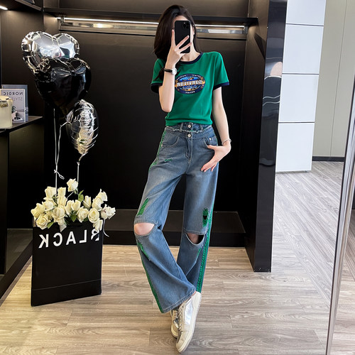 夏印花短袖破洞牛仔裤时尚套装女