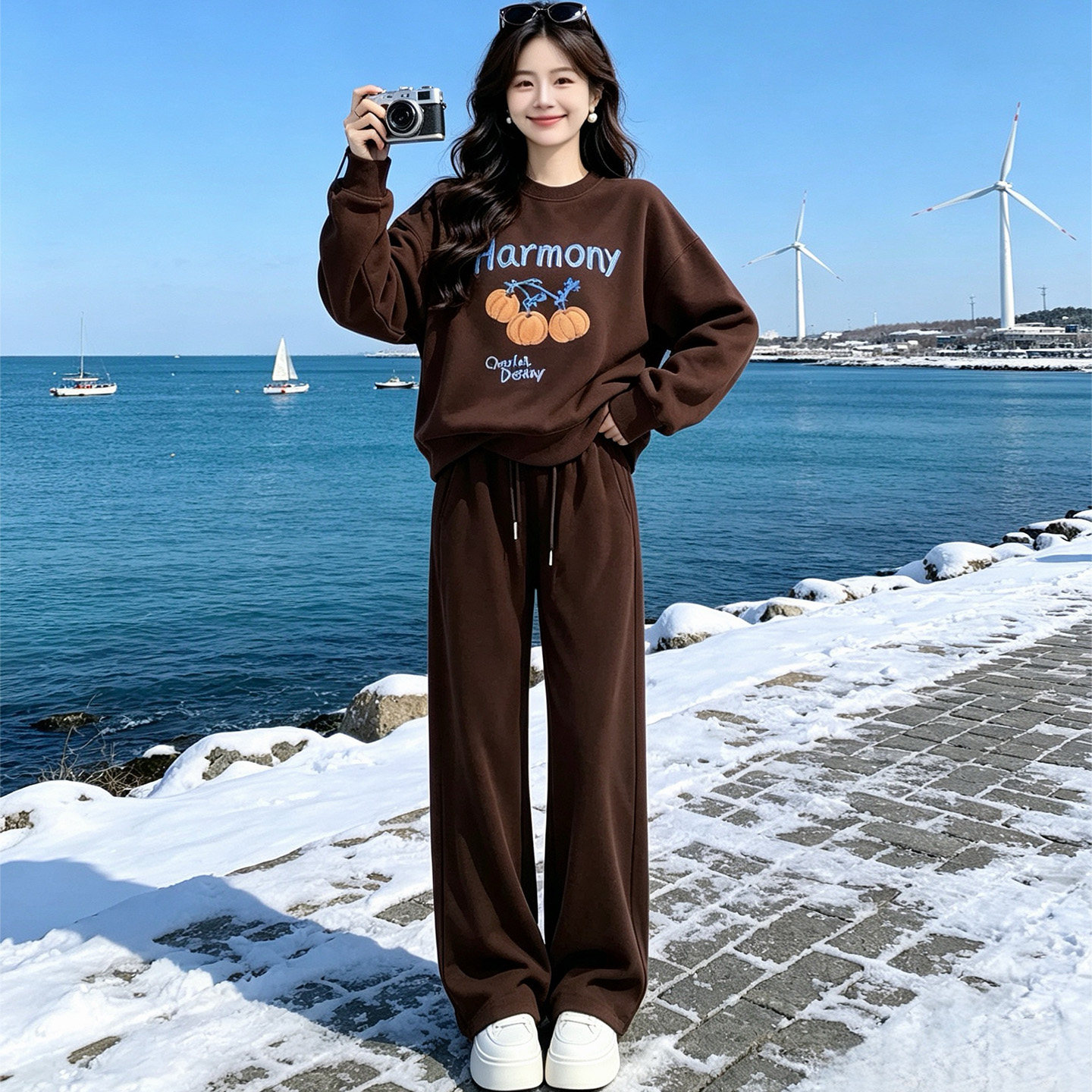 秋加绒宽松印花卫衣阔腿裤套装女