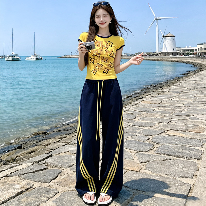印花短袖条纹镰刀裤爵士舞套装女