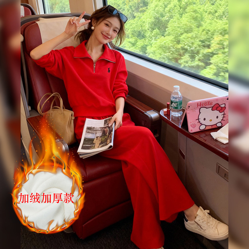 冬红色立领加绒卫衣阔腿裤套装女