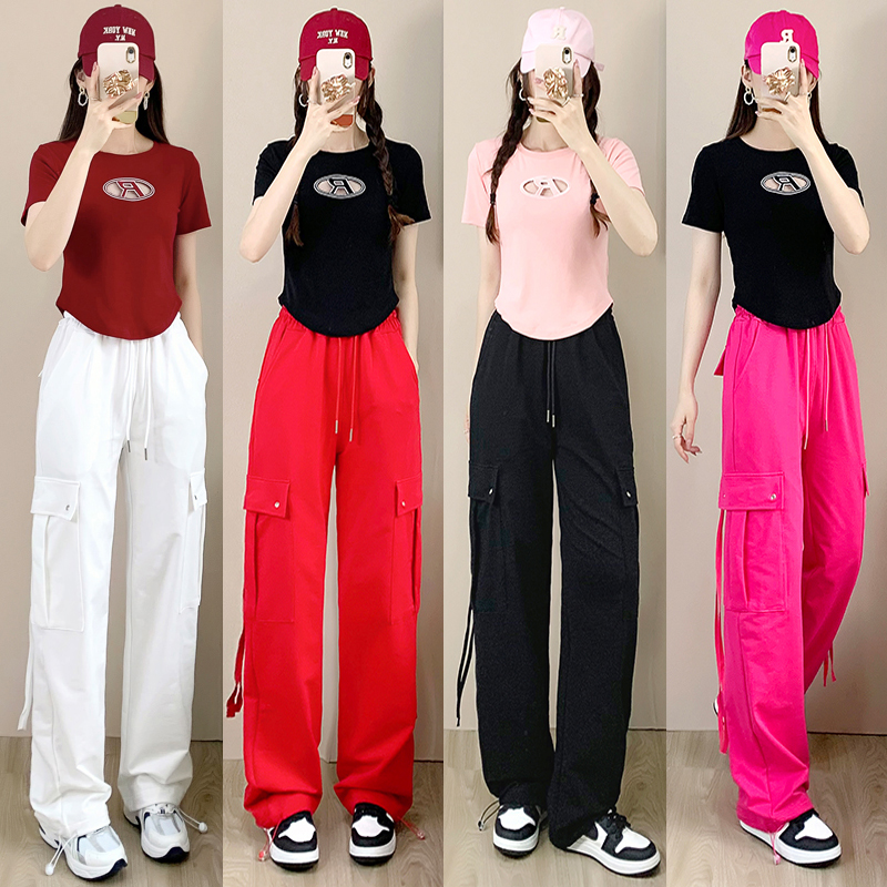 夏跳舞飘带工装裤休闲运动套装女
