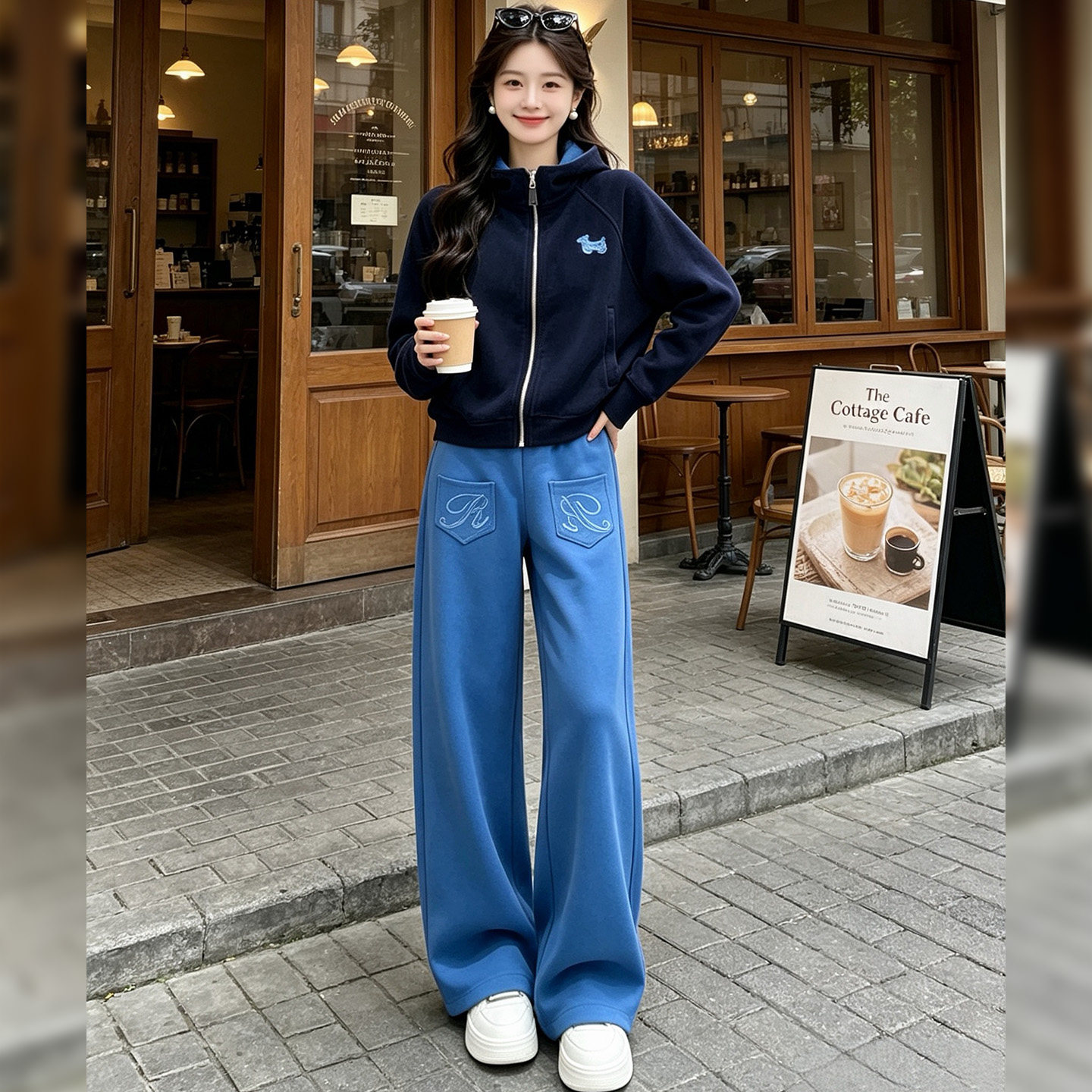 秋撞色连帽拉链卫衣阔腿裤套装女