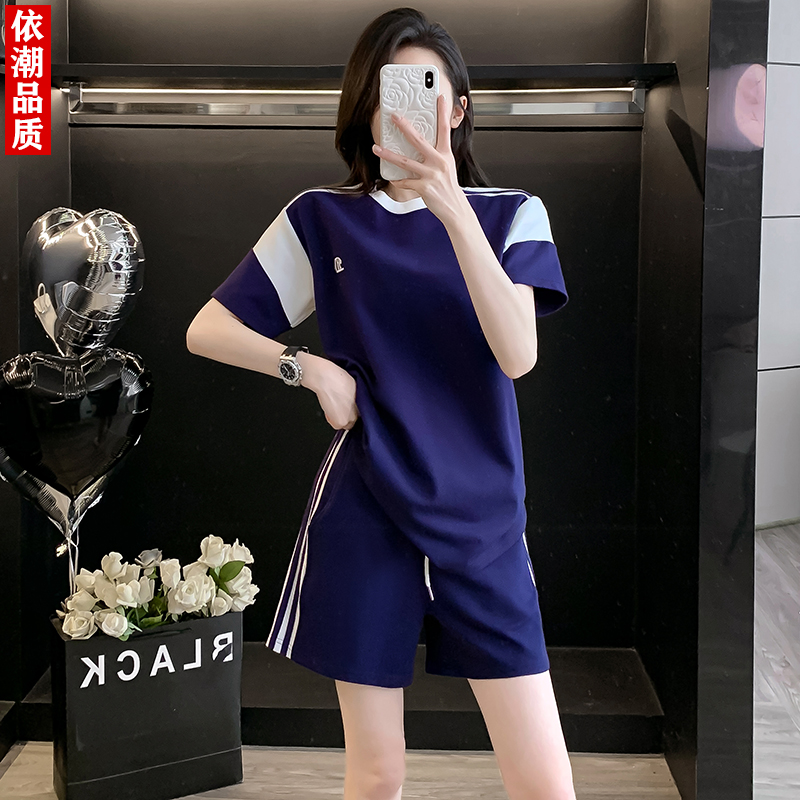 港风羽毛球服运动套装女夏拼色短袖宽松显瘦透气侧条纹短裤两件套