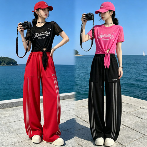 绑带网纱短袖弯刀裤爵士舞套装女