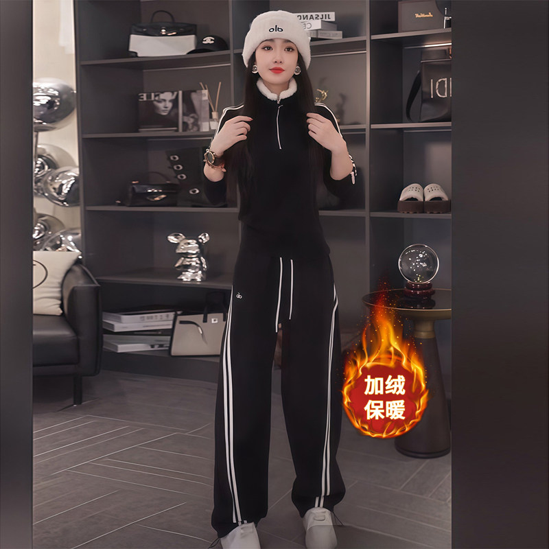 冬高领加绒卫衣阔腿裤运动套装女