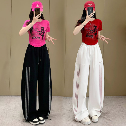 烫钻短袖阔腿弯刀裤广场舞套装女