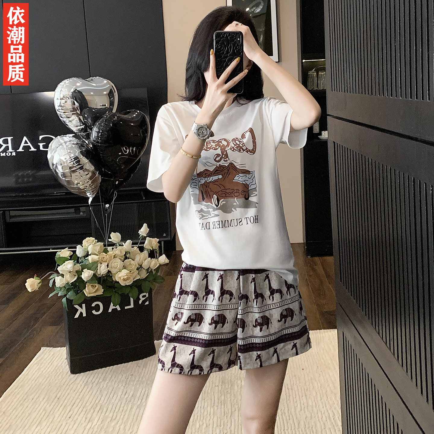 复古印花短袖休闲运动套装女夏薄款宽松排汗透气小个子短裤两件套