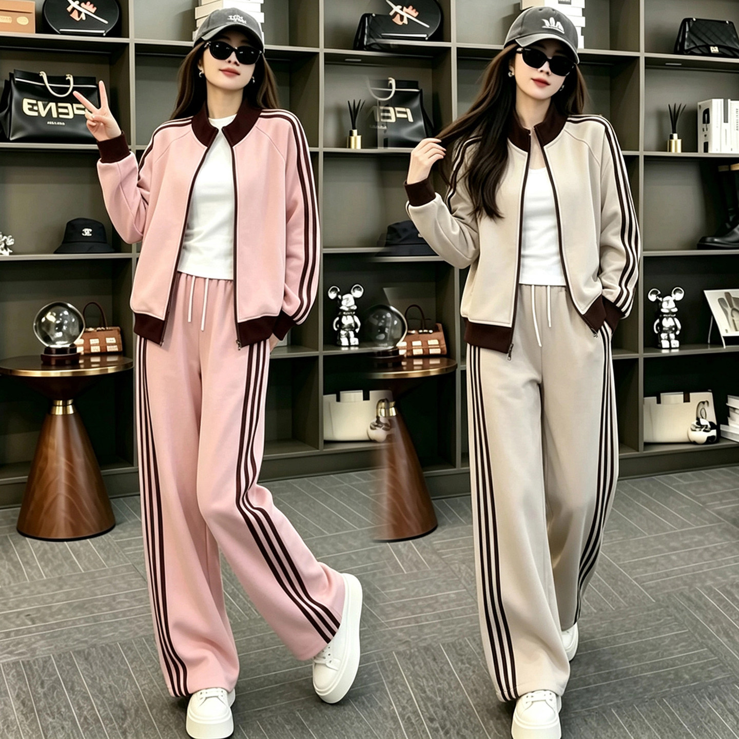 撞色立领棒球服阔腿裤运动套装女