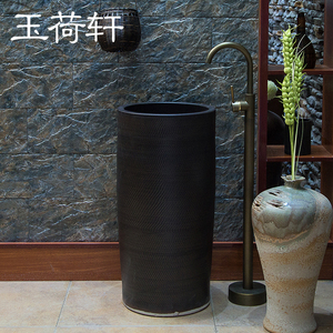 立柱盆陶瓷洗手盆阳台户外卫生间洗脸盆一体柱盆落地洗手台全黑