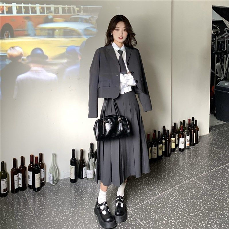 西服套装英伦风jk制服女秋冬复古学院风西装中长款百褶裙韩式校服