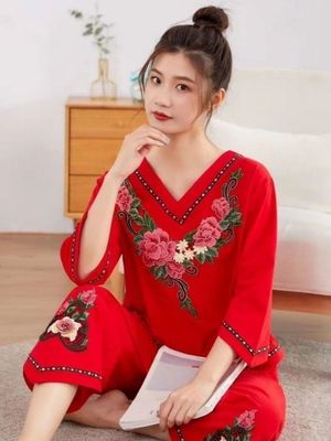 秋冬新款大码纯棉刺绣花喜庆民族风本命年大红色女士睡衣家居服