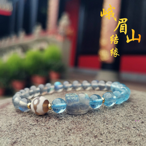 灰月光貔貅海蓝宝峨眉山祝福手链