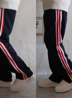 藏蓝色白红白秋冬校服裤子红白红粗条学生运动裤宝蓝色直筒休闲裤
