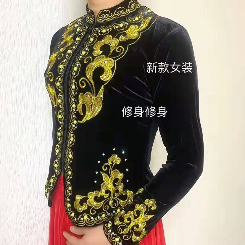新款长袖维吾尔族舞蹈外套金丝绒新疆舞演出服广场舞民族上衣01