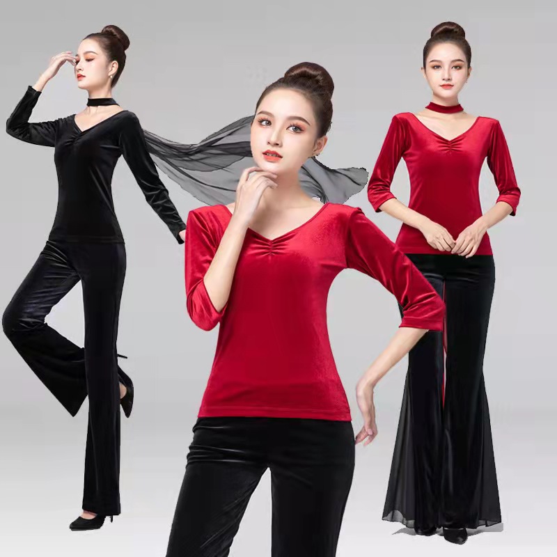 形体服女套装礼议训练秋冬季2024新款V领金丝绒中袖舞蹈练功服