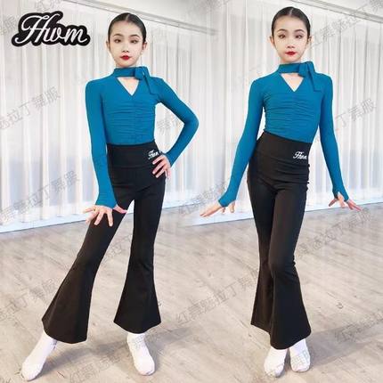 红舞魅秋冬新款女童拉丁舞服裤子套装儿童高领上衣喇叭长裤训练服