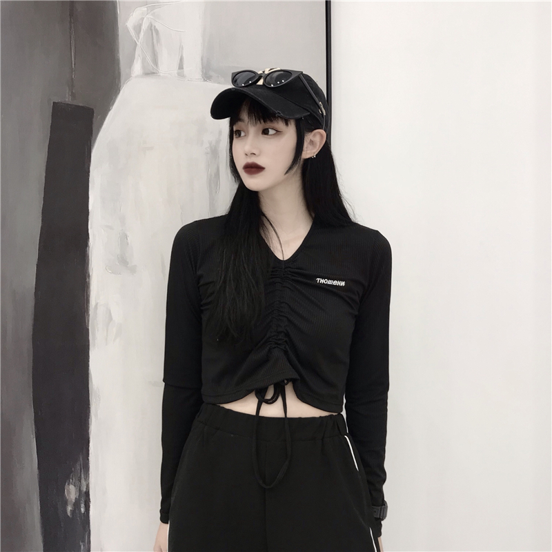 10月12日最新优惠YANS 2019早秋新款ins港风露脐T恤女心机高腰长袖V领抽绳紧身显瘦