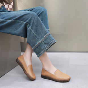 中老年妈妈鞋 真皮单鞋 新款 圆头女鞋 女平底一脚蹬软底舒适休闲鞋