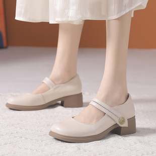 小码 新款 百搭妈妈鞋 女粗跟软底魔术贴单鞋 复古风真皮玛丽珍鞋