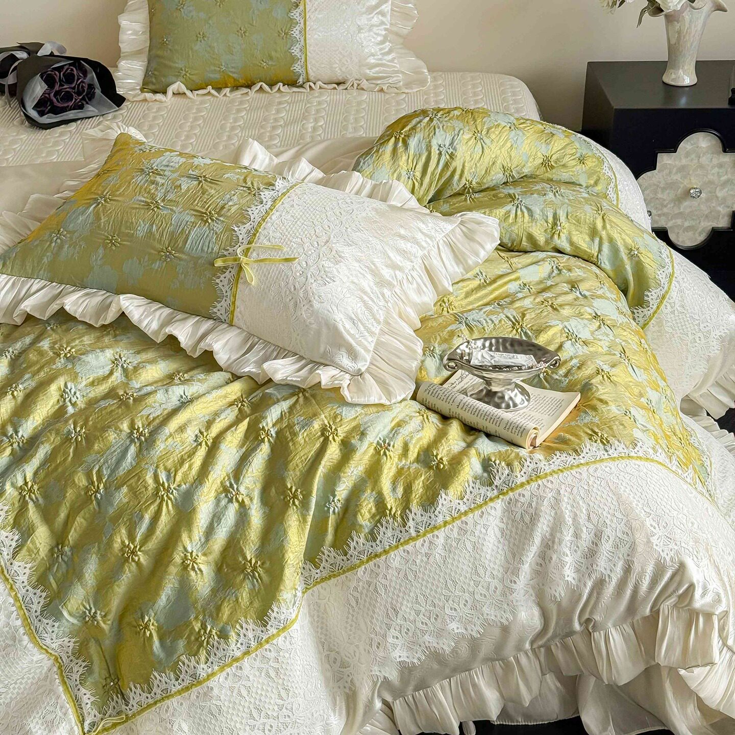 法式天丝棉床盖款四件套青绿天丝锦亮片揪花被套公主风主卧室床品