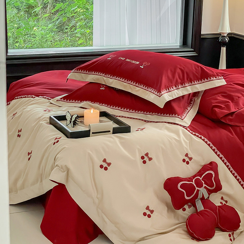 caratlove婚庆四件套120支纯棉全棉樱桃刺绣被套红色结婚床上用品