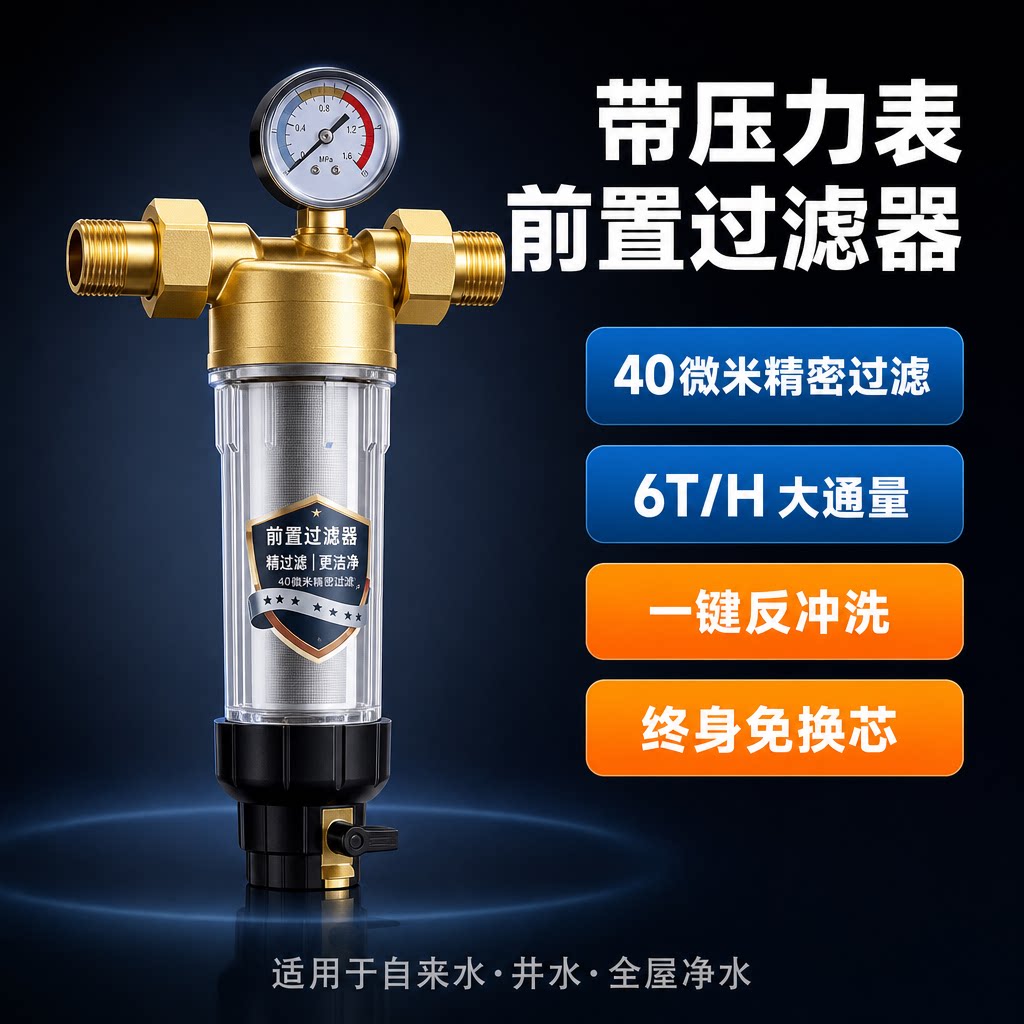 前置过滤器压力表反冲洗家用除水垢自来水井水过滤器中央净水器