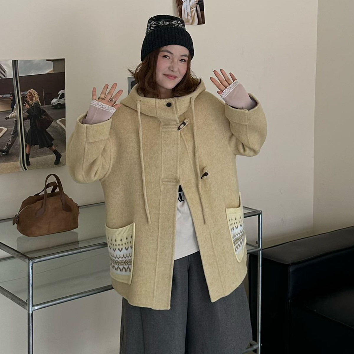 韩系连帽毛呢外套女秋冬宽松加厚小个子米色大衣双面呢羊毛呢保暖