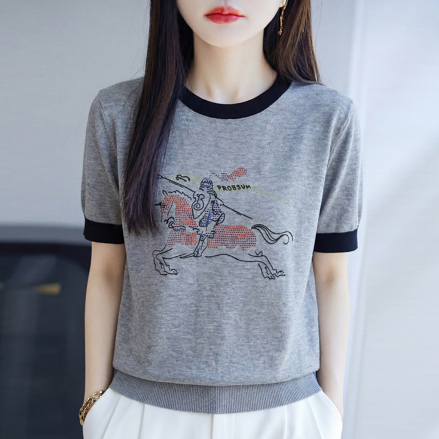 休闲短袖卡通撞色镶钻T恤女