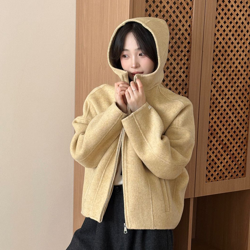 温柔慵懒风连帽短款毛呢外套女宽松百搭奶黄色双面呢大衣拉链衫爆