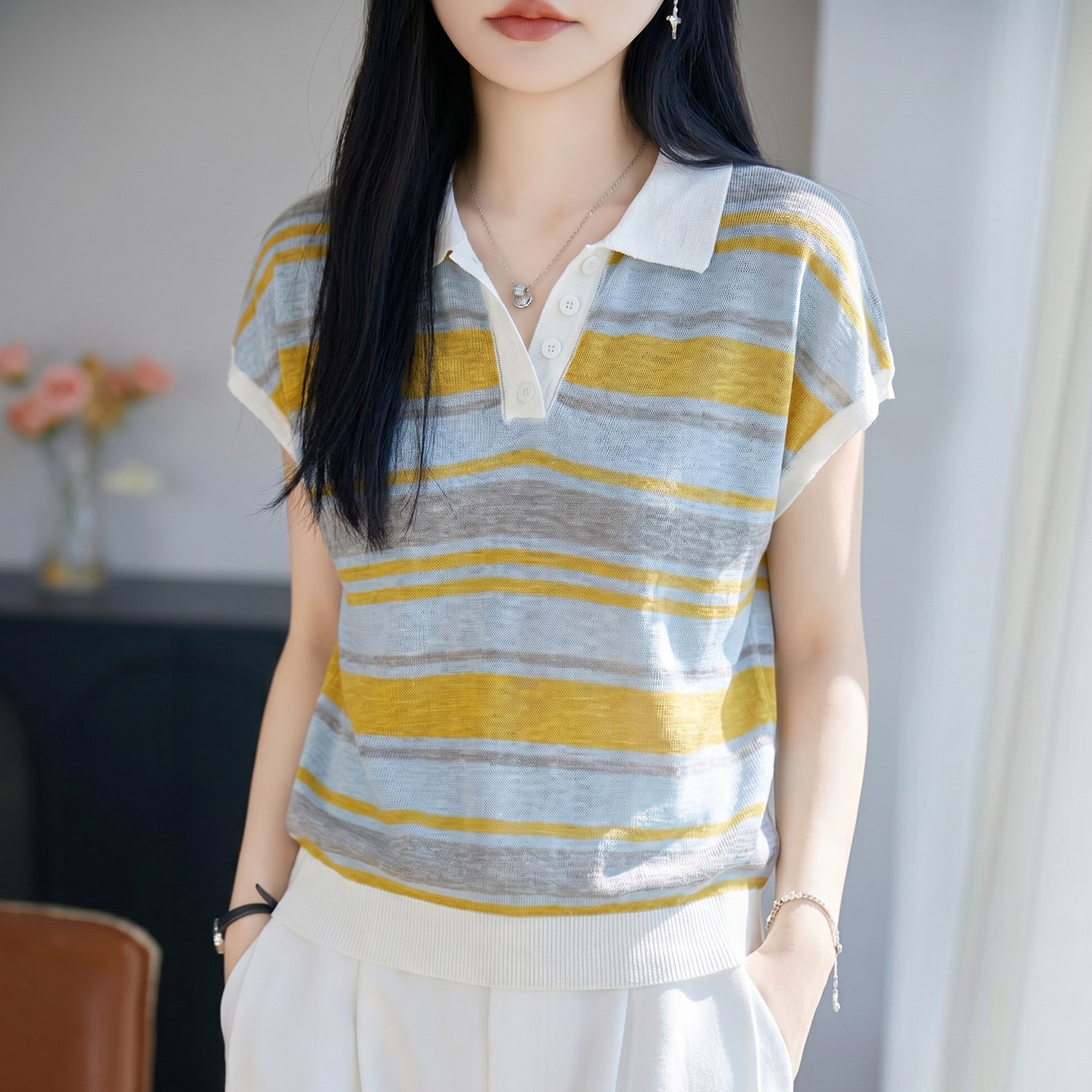 冰丝POLO领条纹短袖T恤女透气