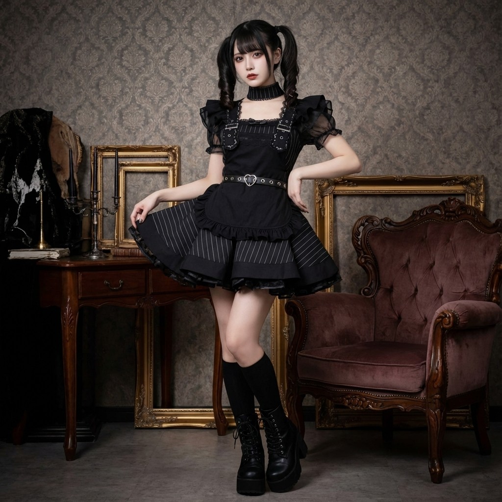 复古哥特风黑色泡泡袖lolita连衣裙女修身收腰cos暗黑少女cosplay