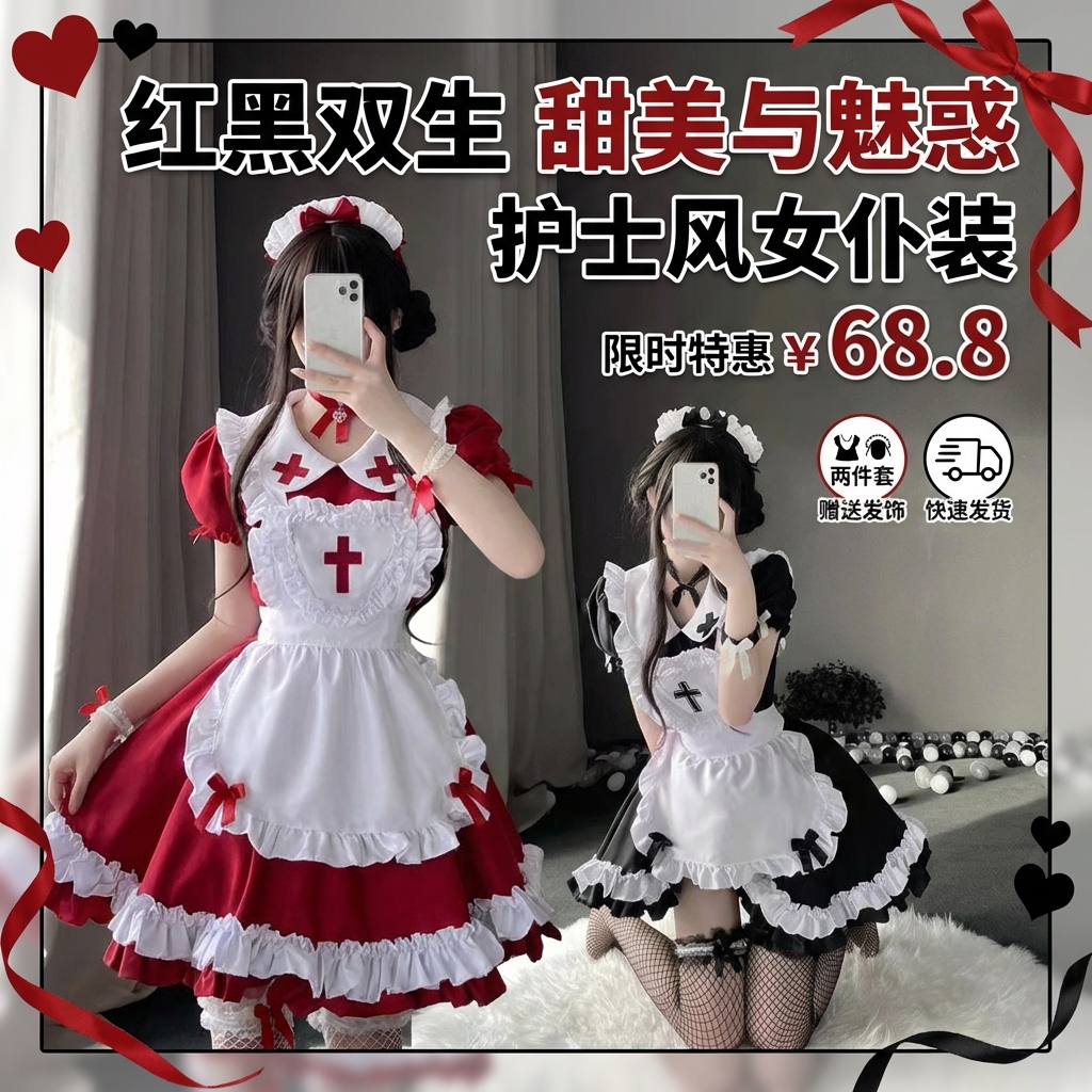 女仆装cos荷叶边洛丽塔三件套