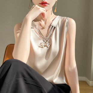 真丝缎面2025夏季女装新款v领无袖小背心T恤时尚内搭上衣宽松吊带