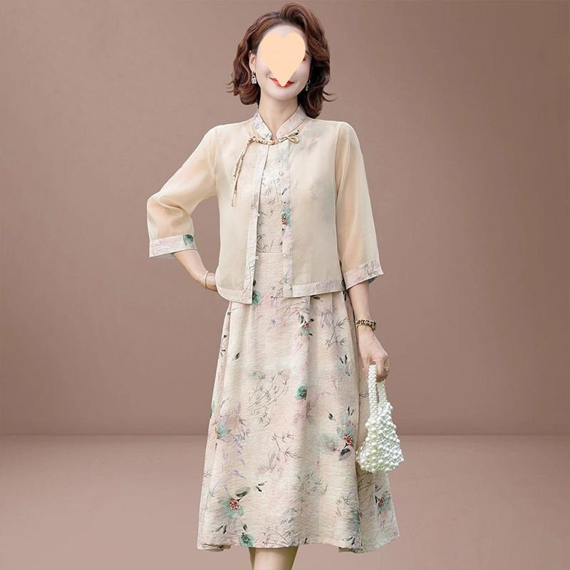 中年妈妈夏装连衣裙新中式国风高贵中老年女雪纺小衫上衣两件套装