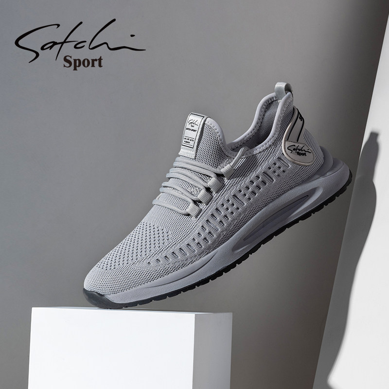 沙驰男鞋男款运动鞋休闲鞋新款平底系带舒适网面跑步飞织网鞋