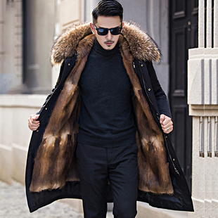 25年新款 派克服青根貂皮毛一体过膝大衣可拆卸外套 水貂毛皮草男士