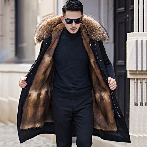 25年新款水貂毛皮草男士派克服青根貂皮毛一体过膝大衣可拆卸外套