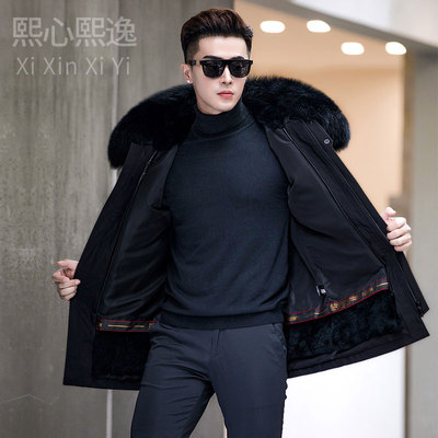 派克服男中长款真皮草狐狸皮草