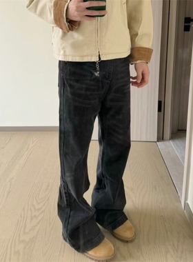 美式潮乐汇复古水洗弯刀微喇牛仔裤男直筒春秋cleanfit休闲裤子