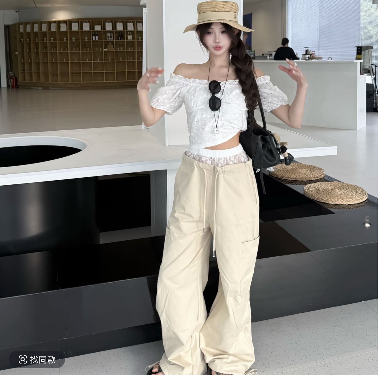 九月家智系淡人白色蝴蝶结泡袖短款上衣浅卡其蕾丝拼接腰头工装裤