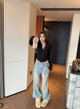 ZM原版重工磨砂水洗碎钻牛仔阔腿裤女2025冬季新款加厚加绒牛仔裤