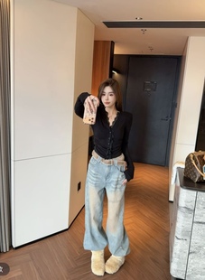 加厚加绒牛仔裤 ZM原版 新款 女2025冬季 重工磨砂水洗碎钻牛仔阔腿裤