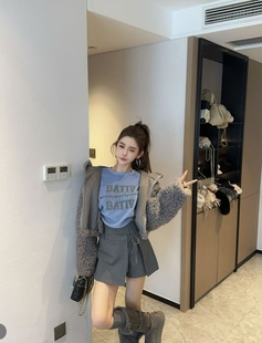 宽松加厚短外套潮 韩版 泡菜订制灰色连帽羔羔毛外套女2025冬季 新款