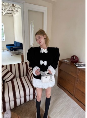 韩国东大门2025秋冬新款韩版百搭洋气蕾丝蝴蝶结拼色小香短外套潮