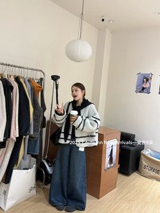 宽松休闲配针织帽连帽羊羔毛条纹外套 韩版 韩国东大门2025冬季 新款